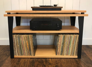 *ON SALE* Cherry stereo and turntable console with album storage.