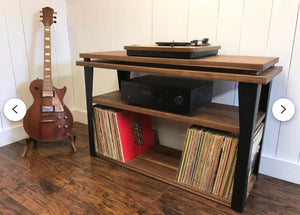*ON SALE* Walnut stereo and turntable console with album storage.