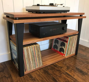 *ON SALE* Mahogany stereo and turntable console with album storage.