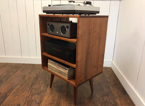 Vertical stereo and turntable cabinet with album storage, solid mahogany. 