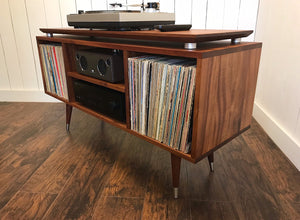 Stereo cabinet, solid mahogany with album storage and turntable isolation platform.