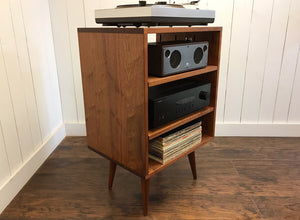 Mid century modern record player cabinet with vinyl storage, solid mahogany. 