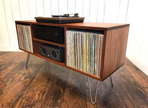 Solid mahogany mid century cabinet for stereo, turntable and albums. 