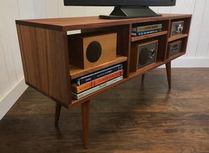 Solid mahogany expanded TV, audio and video console, mid century minimalist.
