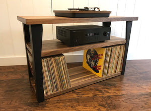 *ON SALE* Walnut stereo and turntable console with album storage.