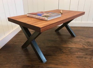 Contemporary wood and steel coffee table, solid mahogany with industrial metal legs