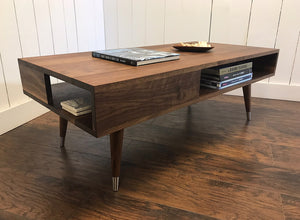 Solid walnut coffee table with storage, mid century modern. 