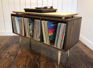 Mid century modern album storage cabinet with turntable isolation platform, solid walnut with maple accents. 
