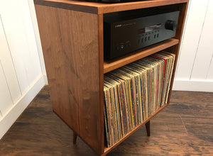Mid century modern record player cabinet with vinyl storage, solid mahogany. 