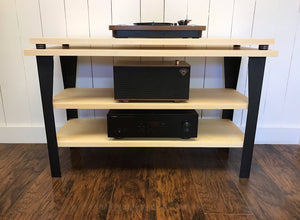 Maple stereo and turntable console with optional album storage.