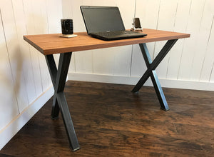 Modern industrial desk, solid mahogany top with steel legs.