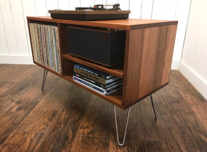 Mid century modern stereo and turntable cabinet with album storage, solid mahogany.