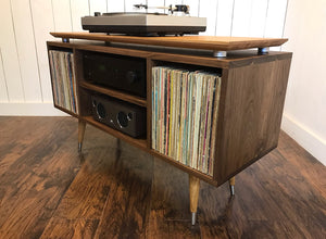 Solid walnut turntable and stereo console, mid century modern