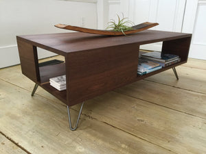 Fat Boy contemporary coffee table in solid walnut with steel hairpin legs. 