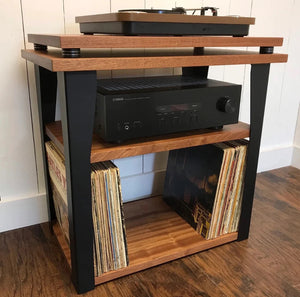 *ON SALE* Mahogany stereo and turntable console with album storage.