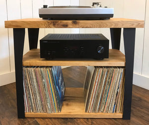 Butternut stereo and turntable console with album storage.