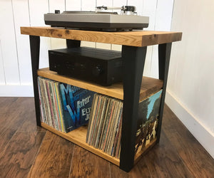 Butternut stereo and turntable console with album storage.