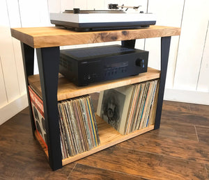 Butternut stereo and turntable console with album storage.