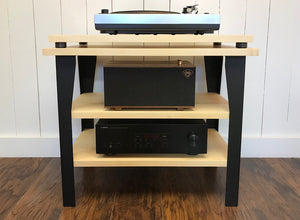 Maple stereo and turntable console with optional album storage.