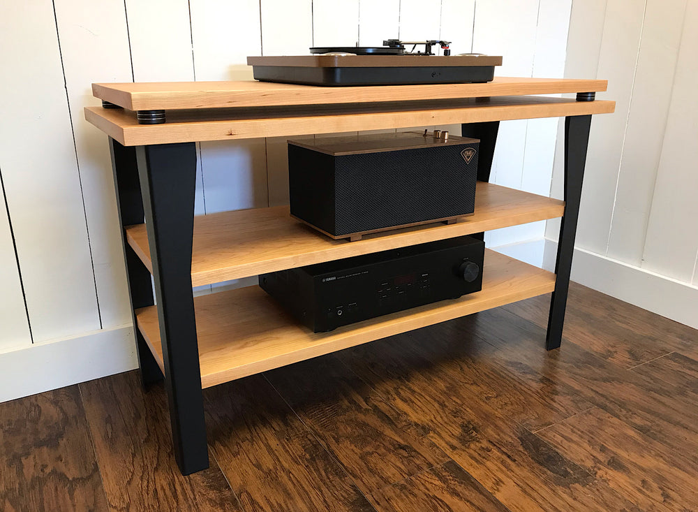 Cherry stereo and turntable console with album storage. from $1,750.00