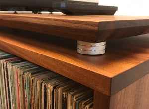 Solid mahogany mid century stereo and turntable console with album storage 