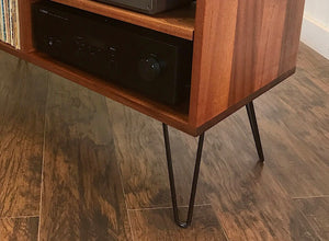 Mid century modern stereo and turntable cabinet with album storage, solid mahogany.