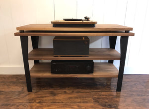 Walnut stereo and turntable console with optional album storage.