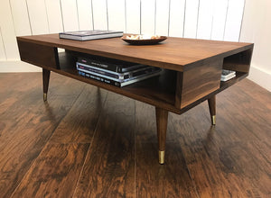 Solid walnut coffee table with storage, mid century modern. 