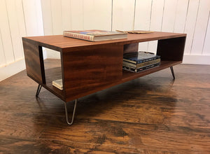 Solid mahogany coffee table with storage, mid century modern