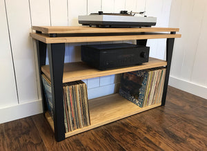 White oak stereo and turntable console with album storage.
