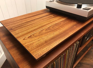 Solid mahogany mid century stereo and turntable console with album storage 