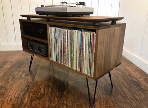 Solid walnut stereo and turntable console with album storage