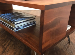Solid mahogany coffee table with storage, mid century modern
