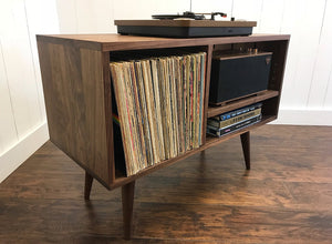 Solid walnut stereo and turntable cabinet with album storage, mid century modern.