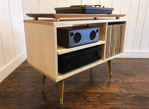 Solid maple and white oak stereo and turntable cabinet with album storage