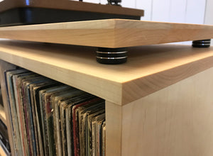 Solid maple turntable/stereo console with isolation platform and album storage.