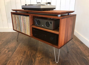 Solid mahogany stereo and turntable cabinet with album storage