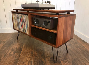 Solid mahogany stereo and turntable cabinet with album storage