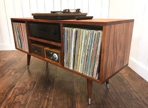 Solid mahogany stereo and turntable cabinet with album storage, mid century modern.