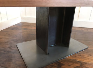 Industrial coffee table, edge-grain walnut with steel I-beam base.