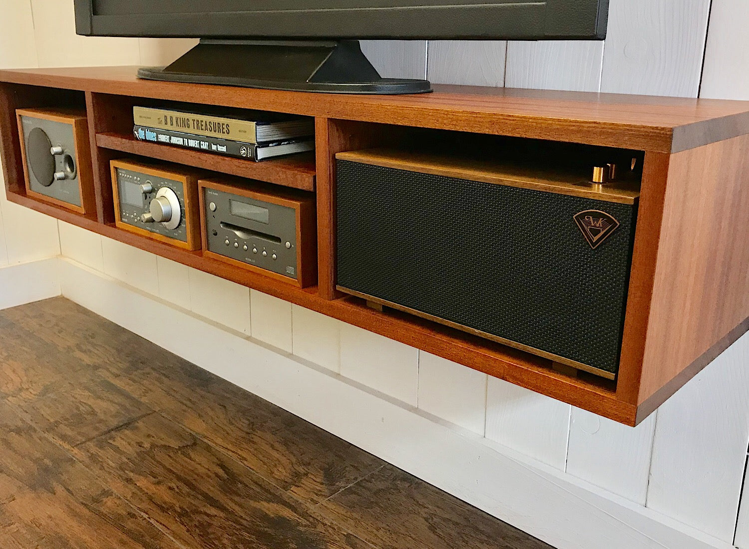 Solid mahogany floating TV and video console. Wall mounted media
