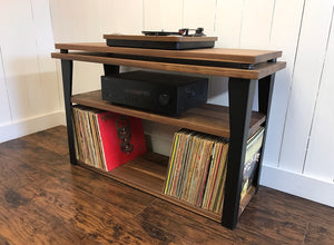Walnut stereo and turntable console with optional album storage.