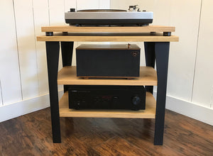 White oak stereo and turntable console with optional album storage.