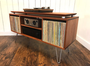 Solid mahogany stereo and turntable cabinet with album storage, mid century modern. 