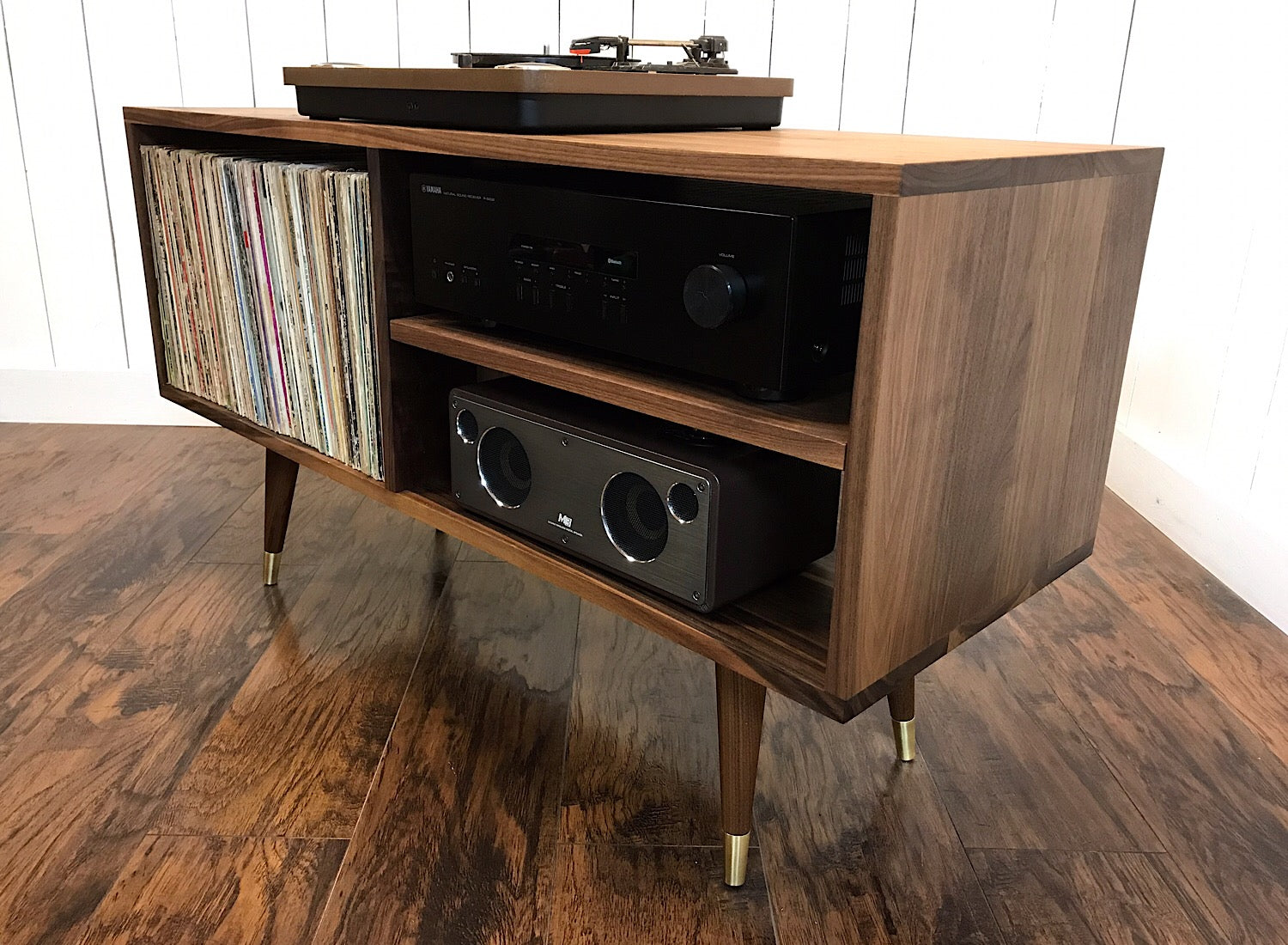 Solid walnut and white oak turntable stereo console with isolation