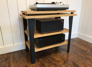 White oak stereo and turntable console with optional album storage.